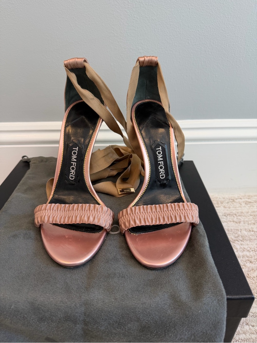Tom Ford Blush-Pink Satin Ruched Front Ankle-Tie Heels